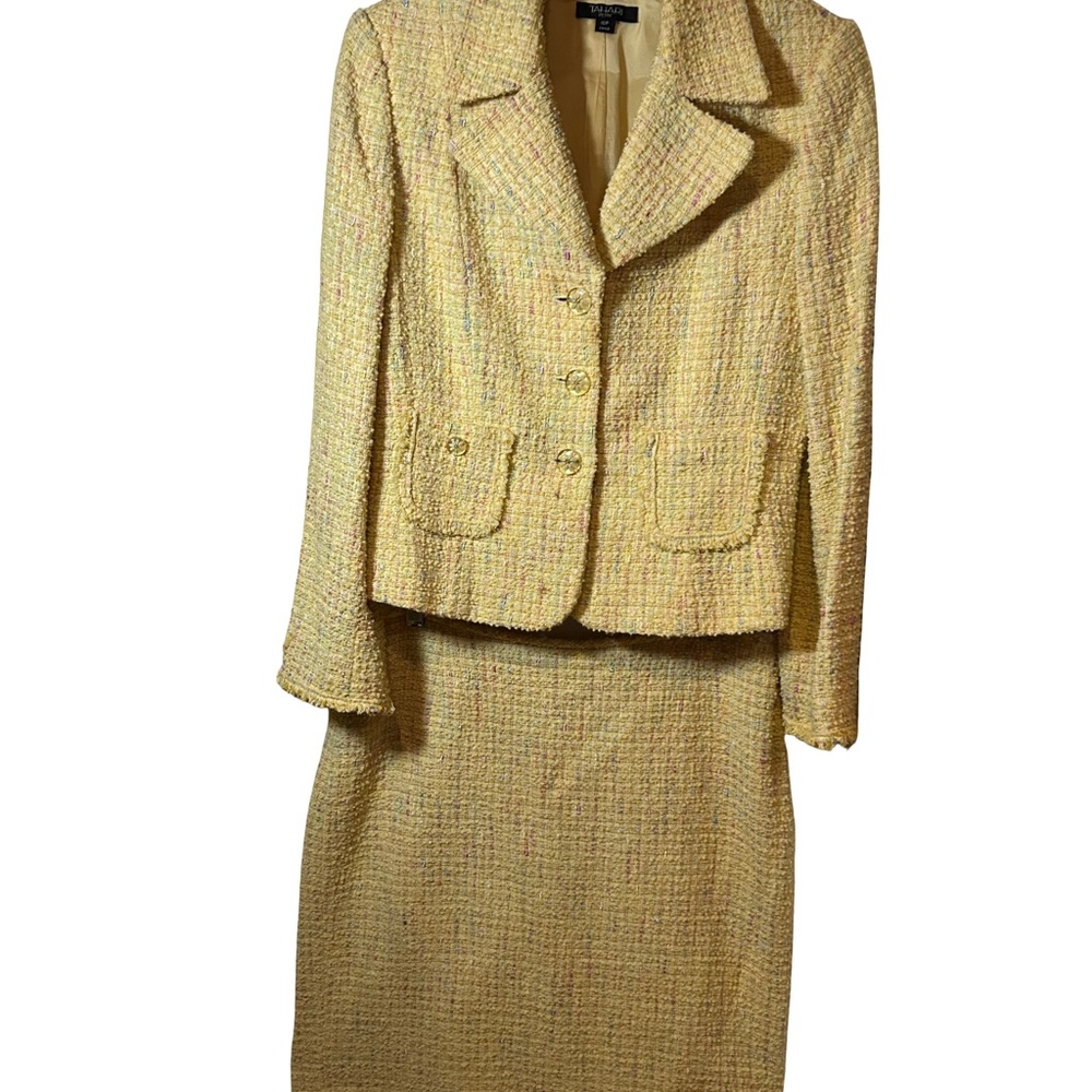 Tahari Lemon Yellow Tweed Blazer and Skirt Set